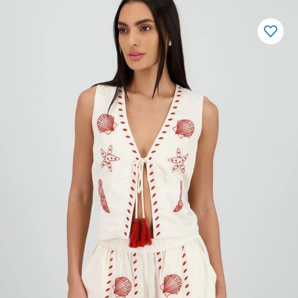 Versona seashell embroidered tassel vest linen XXL CREAM RED fall casual boho